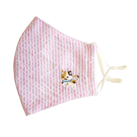 和心 ストライプ刺繍マスク 大人用 三毛猫