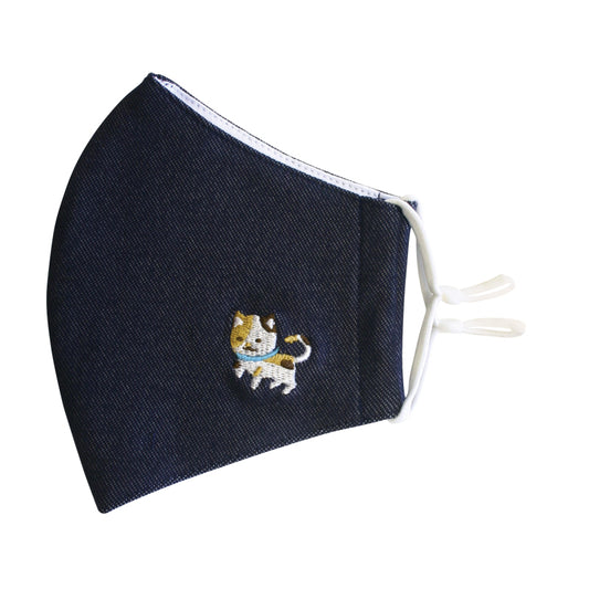 和心 デニム刺繍マスク 大人用 三毛猫
